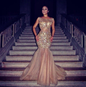 LUXURIOUS MERMAID HALTER TULLE CRYSTAL SLEEVELESS PROM DRESS HZ1023